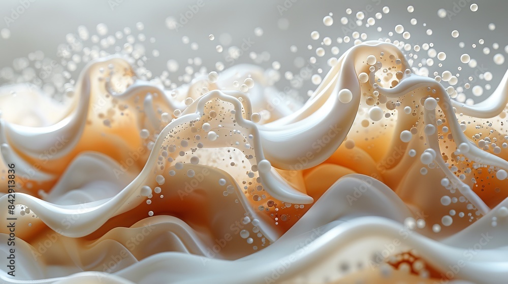 Poster this image features a close-up view of fluid dynamic waves with a creamy appearance and suspended bu