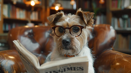 Smart dog reading newspaper at home Generated by AI.