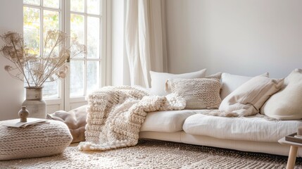 A white sofa with a chunky knit throw blanket is styled in a modern living room