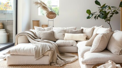 A white sectional sofa with a throw blanket and pillows in a modern living room