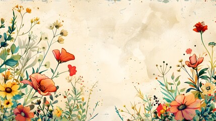Vibrant Floral Field with Abstract Botanical Artwork
