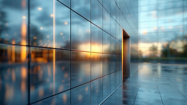 A close-up detail of sunset light creating a vivid reflection on the glass panels of a modern building