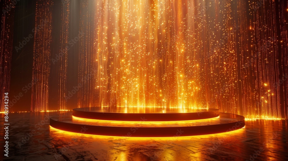 Poster the image presents an illuminated round stage with an influx of falling light particles creating a w