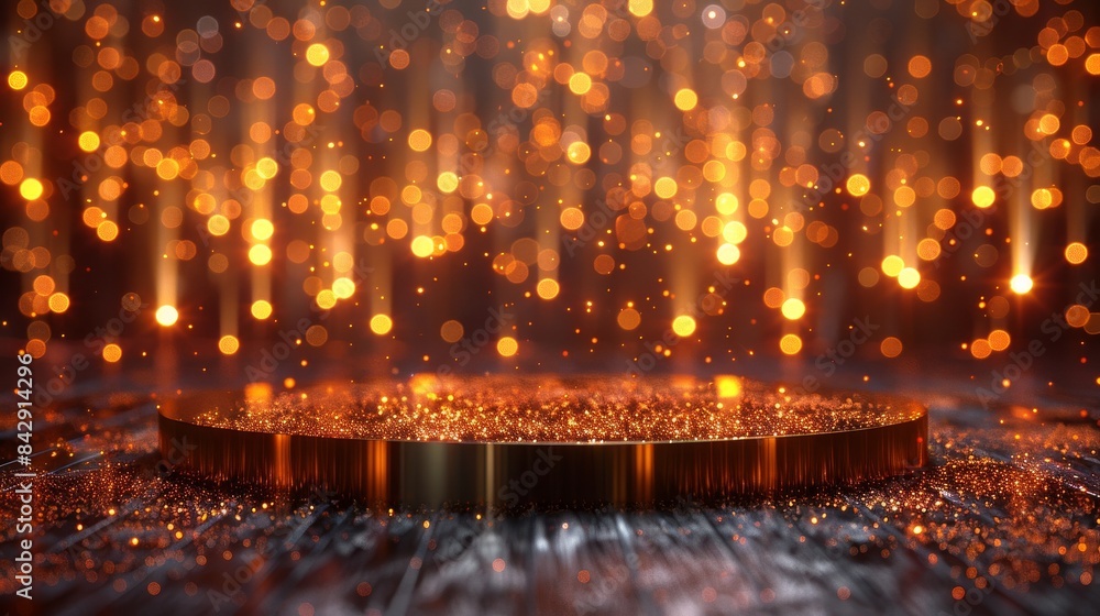 Poster a mesmerizing scene featuring a glowing circular platform with a deluge of golden speckles against a