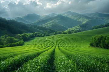 Obraz premium A scenic view of rolling green hills with a lush grass field in the foreground. The sky is cloudy with hints of sunlight breaking through