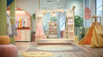 A brightly colored childrens clothing store with a play area featuring a tent