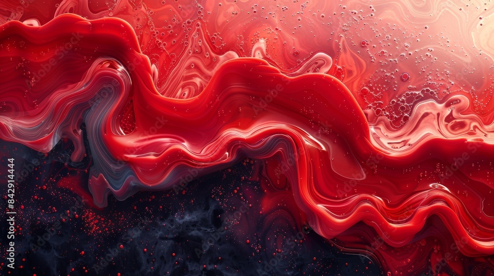 Poster the image captures a dynamic abstract fluid art pattern in predominantly red tones with intricate mo