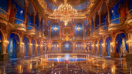 A grand ballroom with ornate gold detailing and blue accents, featuring a large chandelier and a reflective floor