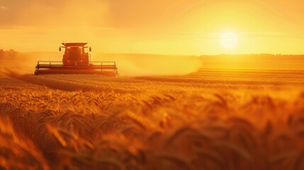 Fototapeta premium Tractor harvesting wheat at golden sunset with sunlit fields in the background, capturing the essence of agriculture and farming.