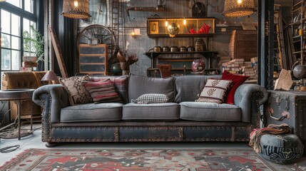 A vintage sofa with distressed leather detailing sits in a rustic living room