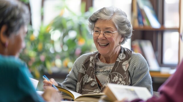 Senior woman in a book club discussion at a local library