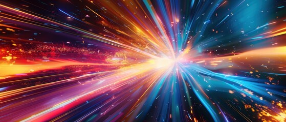 Naklejka premium Vibrant explosion of colors in a dynamic light burst. Perfect for themes of energy, speed, and cosmic phenomena. Abstract digital art.