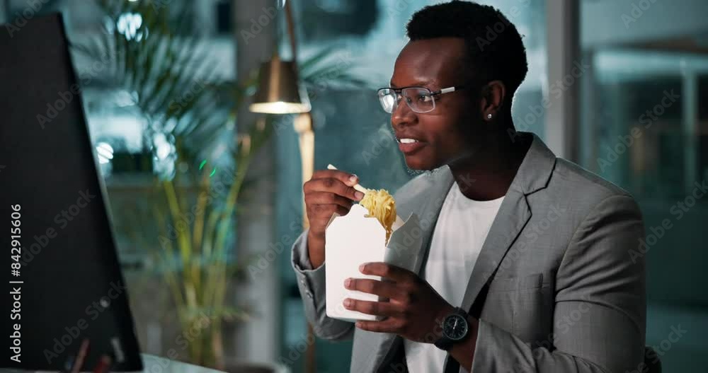 Poster Black man, fast food and eating in office at night for work, overtime and project deadline with computer. Businessman, technology and ramen in workplace as software engineer for programming or coding