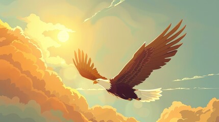 Naklejka premium Cartoon eagle flying high with the sun casting a golden glow over its feathers, set against a bright, cheerful sky.