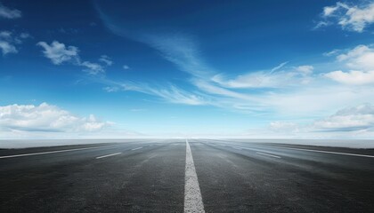 Fototapeta premium Wide open asphalt highway under a clear blue sky with white clouds, symbolizing freedom and endless possibilities.
