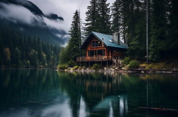 Cabin on shore of lake