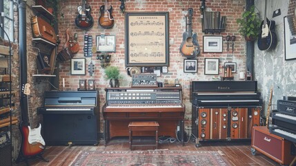A vintage electric piano and several guitars are displayed in a music studio with brick walls