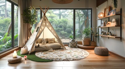 A cozy teepee tent set up indoors with soft blankets and pillows, overlooking a lush green garden through large windows
