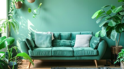 A green velvet sofa sits in a living room with large windows and plants