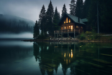 Fototapeta premium Cabin on lake with lights on at night
