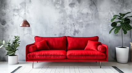A modern living room featuring a red velvet sofa with throw pillows, a concrete wall, and potted plants