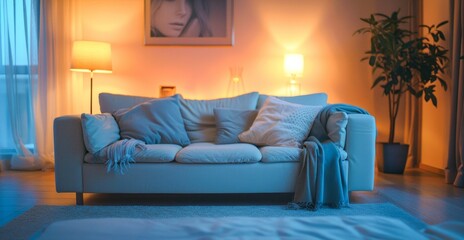 A cozy living room with a blue couch and warm lighting in the evening