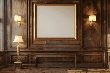 rustic and vintage dining room interior with warm chandeliers, golden ornaments on the walls.