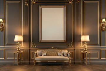 Elegant,vintage dining room with warm chandeliers,golden ornaments on the walls,central armchair.