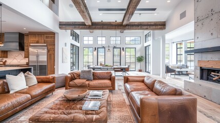 A spacious living room with large windows, exposed beams, and leather couches