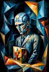 Own thoughts, Inspired by the art of cubism, a painting depicting the fight against depression and interpersonal relationships in the modern world. African modern abstract art