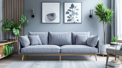 Fototapeta premium A contemporary living room featuring a comfortable grey sofa with wooden legs, complemented by two plants and a grey rug