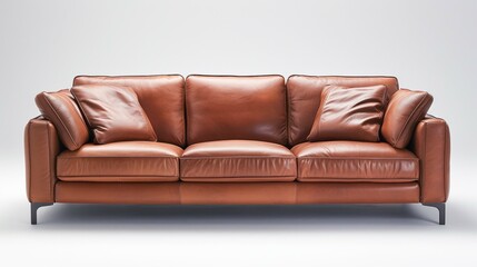 Fototapeta premium A brown leather sofa with three seats and black legs is shown in a studio setting