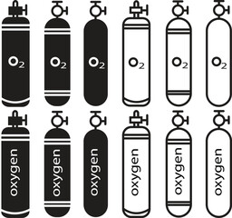 Set of LPG propane bottles icons container with editable stock. Oxygen O2 Gas trendy flat styles cylinder icon. Oxygen gas cylinder canister fuel storage collection isolated on transparent background.