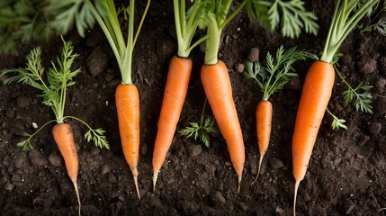 Freshly Harvested Carrots in Garden Soil