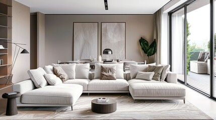 Fototapeta premium A modern living room with a white sectional sofa, large windows, and a sleek design