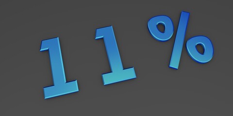 Blue 3D eleven percent on a gray background. Rendering.