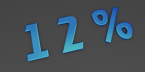 Blue 3D twelve percent on a gray background. Rendering.