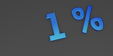 Blue 3D one percent on a gray background. Rendering.