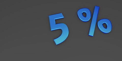 Blue 3D five percent on a gray background. Rendering.