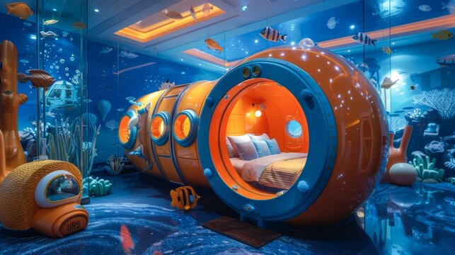 An underwater themed bedroom with a large submarine bed