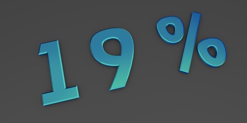 Blue 3D nineteen percent on a gray background. Rendering.