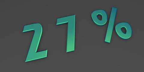 Blue-green 3D twenty seven percent on a gray background. Rendering.