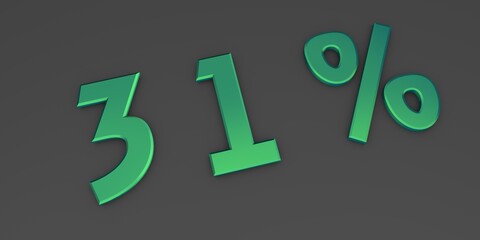Green 3D thirty one percent on a gray background. Rendering.