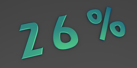 Blue-green 3D twenty six percent on a gray background. Rendering.