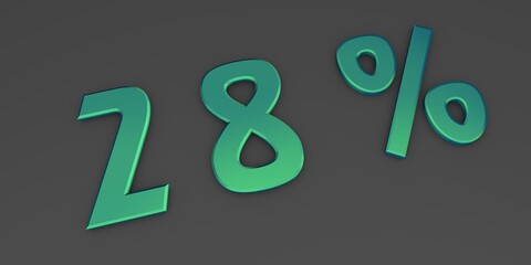 Blue-green 3D twenty eight percent on a gray background. Rendering.