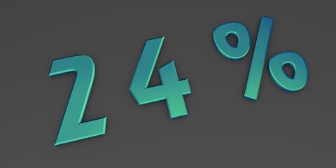 Blue-green 3D twenty four percent on a gray background. Rendering.