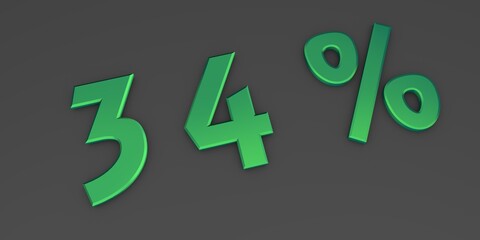 Green 3D thirty four percent on a gray background. Rendering.
