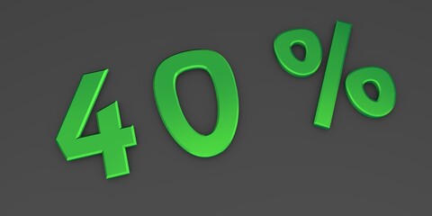Green 3D forty percent on a gray background. Rendering.