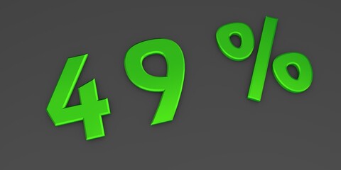 Green 3D forty nine percent on a gray background. Rendering.