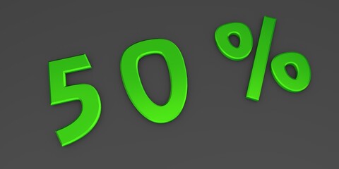 Green 3D fifty percent on a gray background. Rendering.